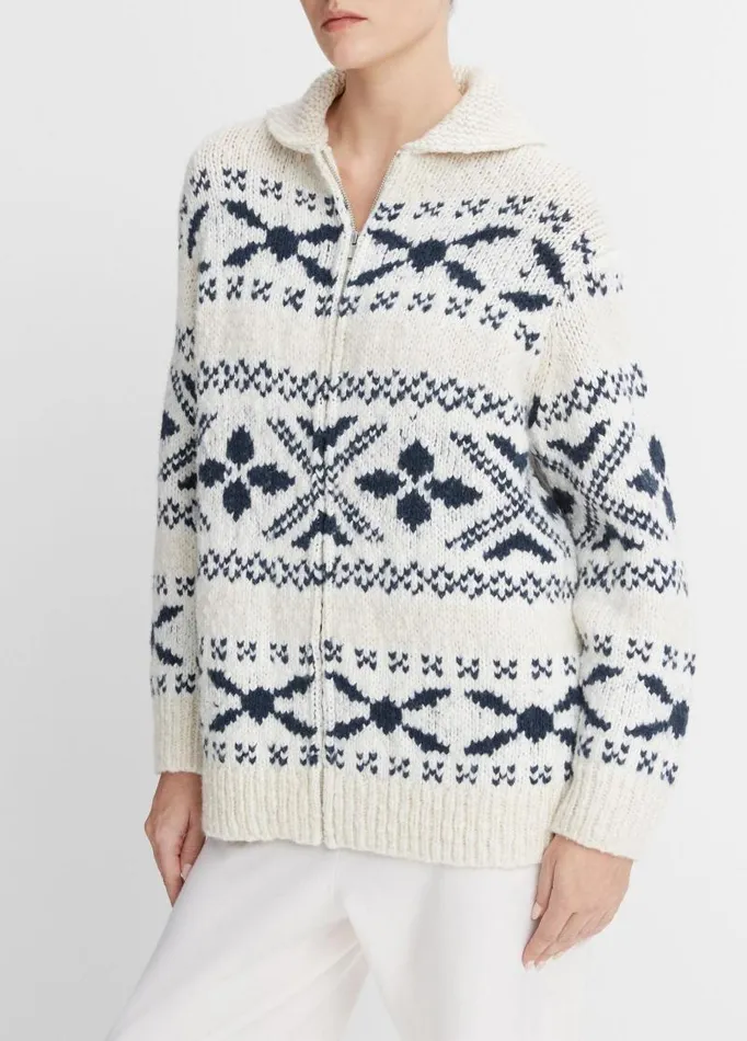 Women Sweaters Vince Nordic Fair Isle Cardigan Light White Sandwashed Coastal Blue