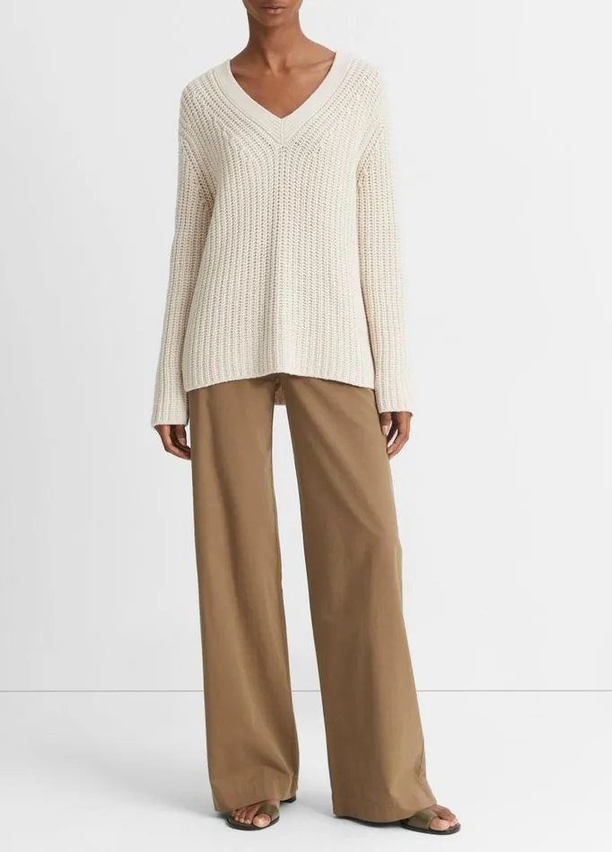 Women Sweaters Vince Shaker Stitch VNeck Sweater Light White Sand