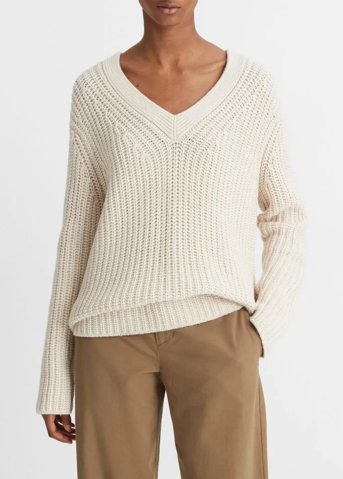 Women Sweaters Vince Shaker Stitch VNeck Sweater Light White Sand