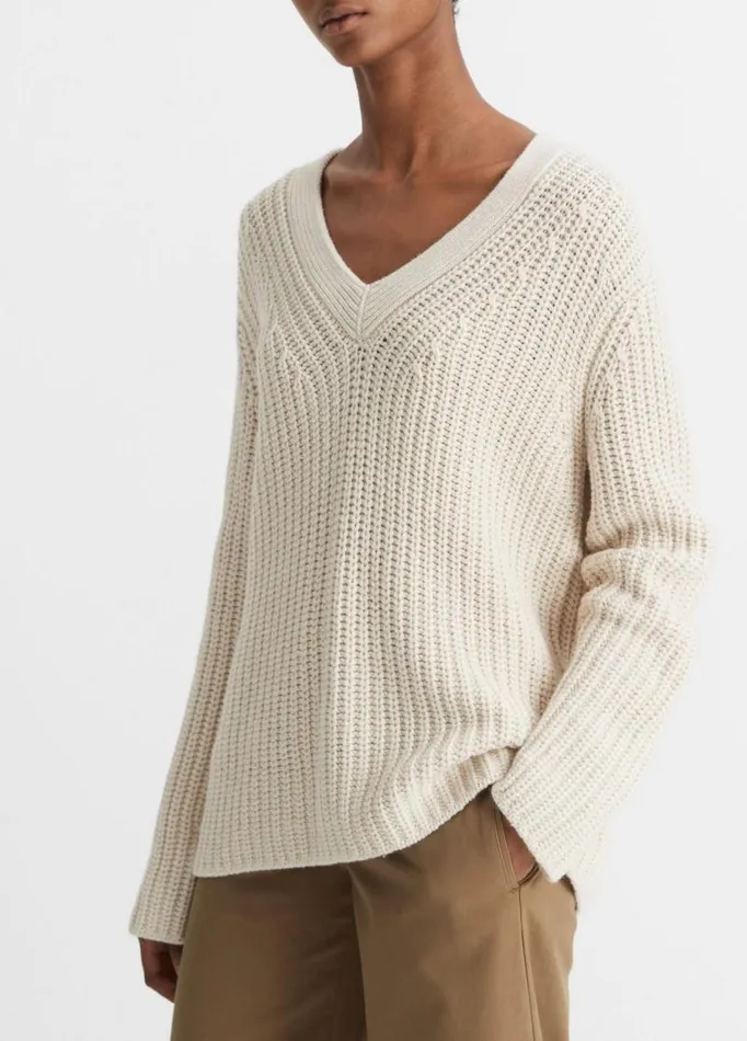 Women Sweaters Vince Shaker Stitch VNeck Sweater Light White Sand