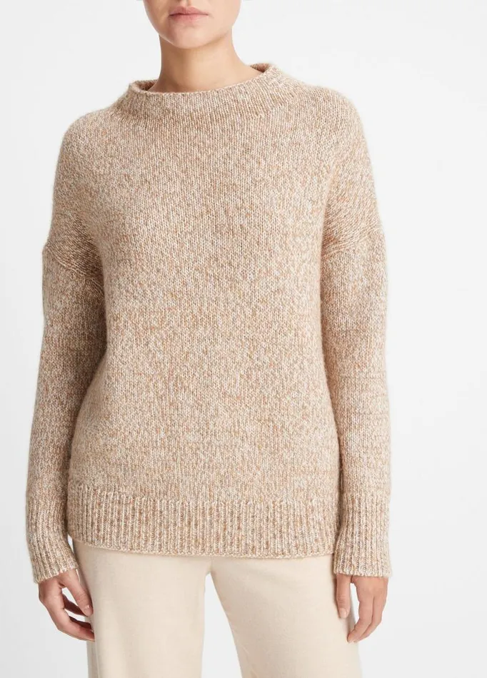 Women Sweaters Vince TweedEffect WoolBlend Funnel Neck Sweater Camel Marl Combo