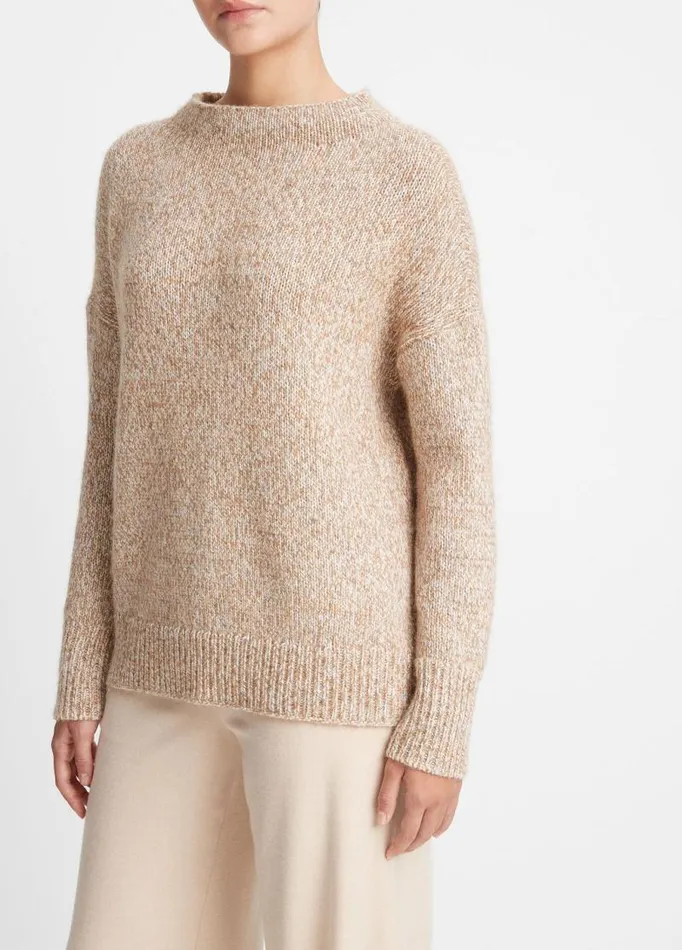 Women Sweaters Vince TweedEffect WoolBlend Funnel Neck Sweater Camel Marl Combo