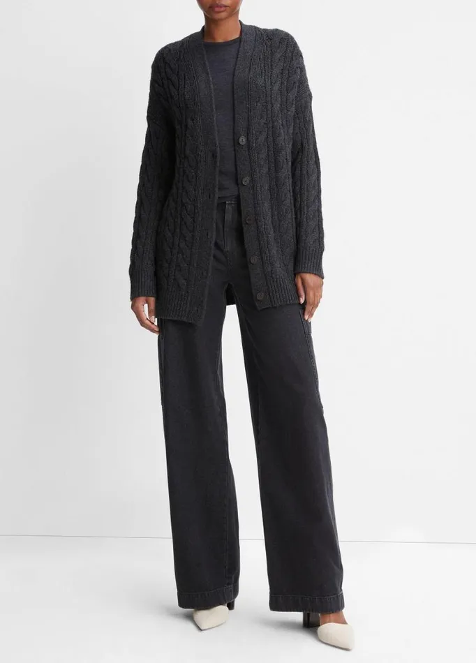 Women Sweaters Vince Wool And Cashmere Oversized Twisted Cable Cardigan Heather Charcoal