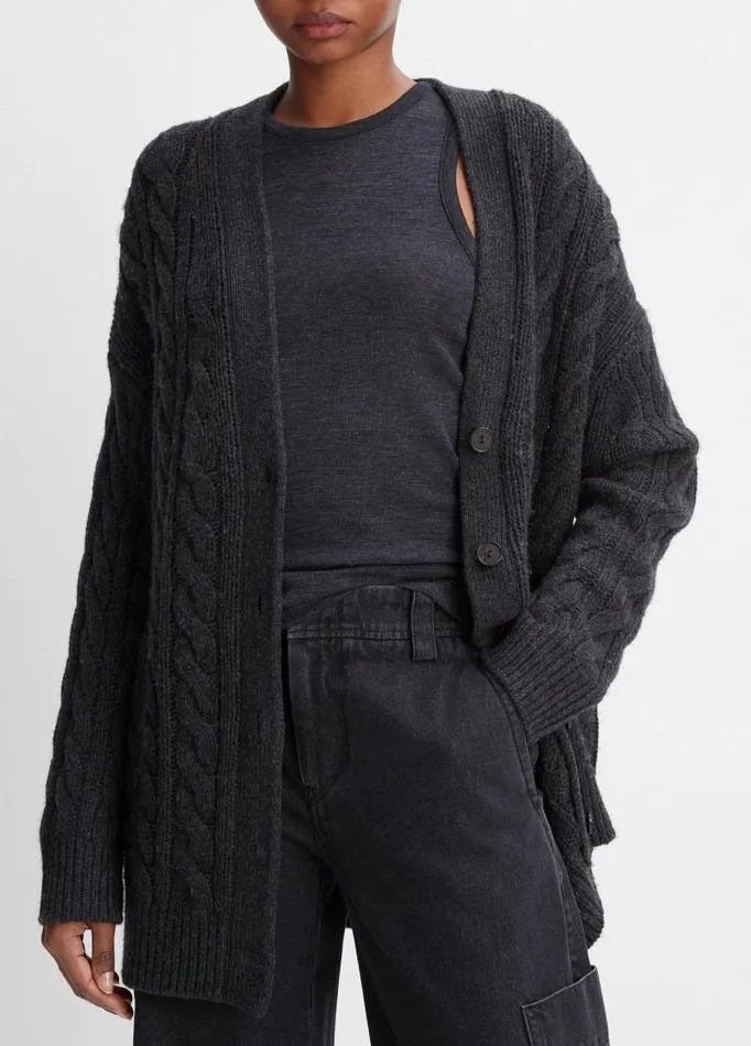 Women Sweaters Vince Wool And Cashmere Oversized Twisted Cable Cardigan Heather Charcoal