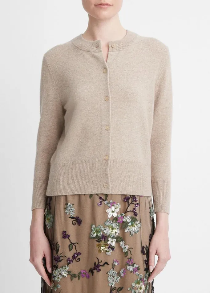 Women Sweaters Vince WoolBlend ThreeQuarterSleeve Shrunken Cardigan Heather Hazel Cream