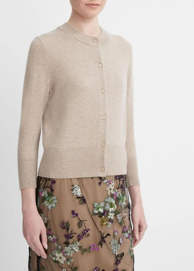 Women Sweaters Vince WoolBlend ThreeQuarterSleeve Shrunken Cardigan Heather Hazel Cream