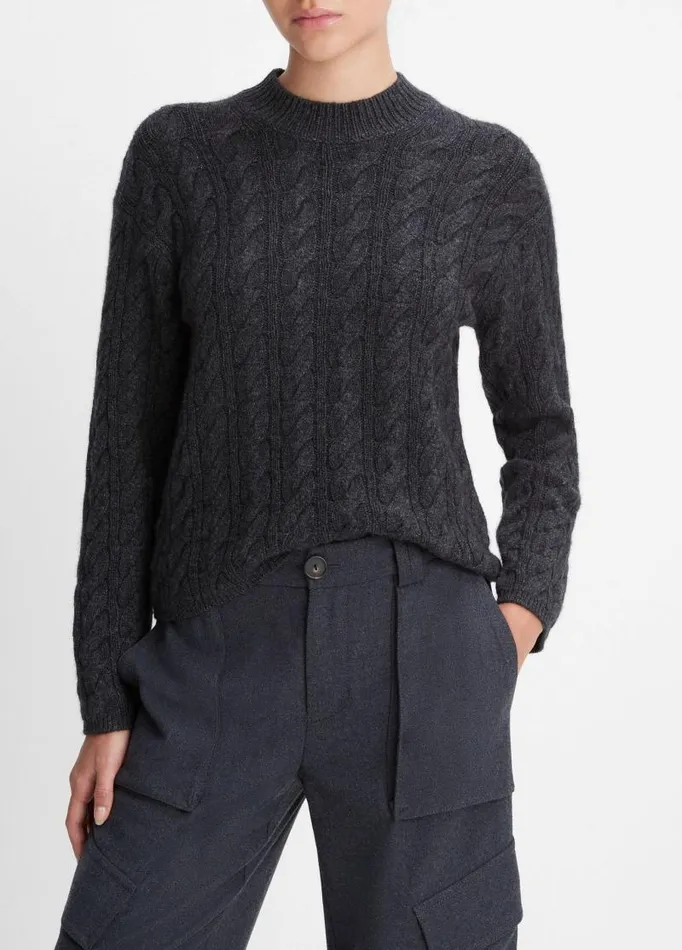 Women Sweaters Vince WoolBlend Twisted Cable Crew Neck Sweater Heather Charcoal