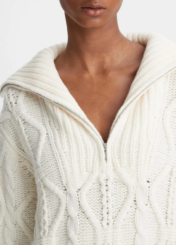 Women Sweaters Vince Wool Cable HalfZip Pullover Off White