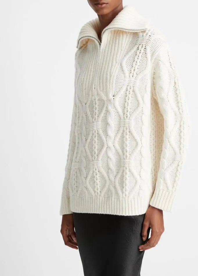 Women Sweaters Vince Wool Cable HalfZip Pullover Off White