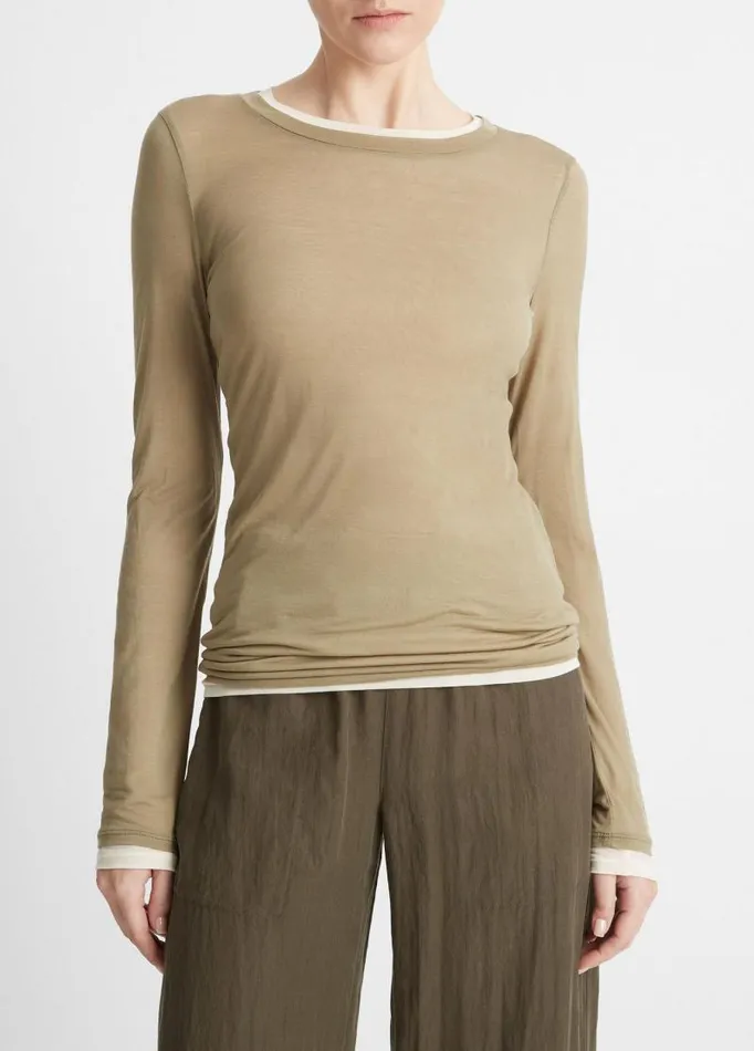 Women TShirts Vince DoubleLayer LongSleeve TShirt Artichoke Combo