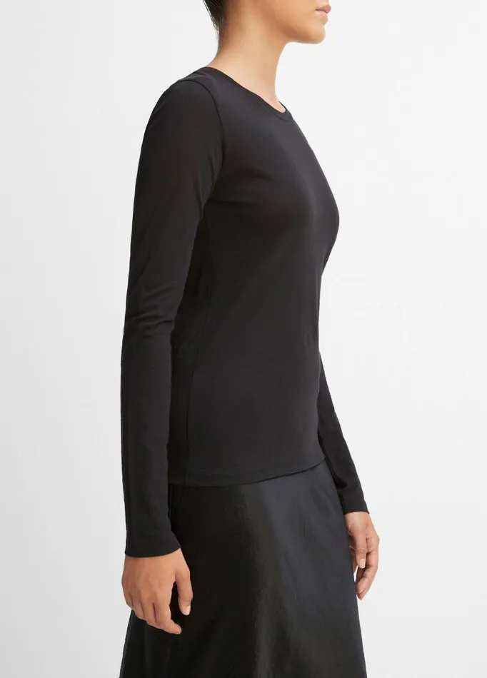 Women TShirts Vince Essential Long Sleeve Crew Neck TShirt Black