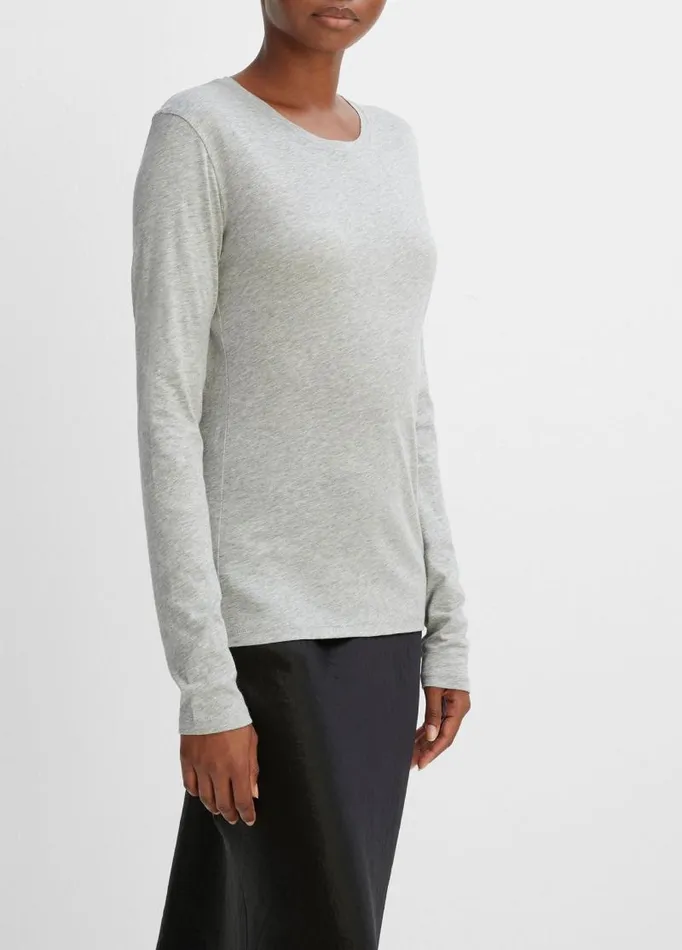 Women TShirts Vince Essential Long Sleeve Crew Neck TShirt Heather Grey