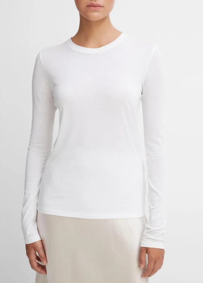 Women TShirts Vince Essential Long Sleeve Crew Neck TShirt Optic White