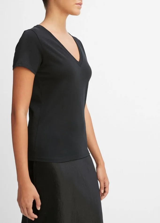 Women TShirts Vince Essential Pima Cotton VNeck TShirt Black