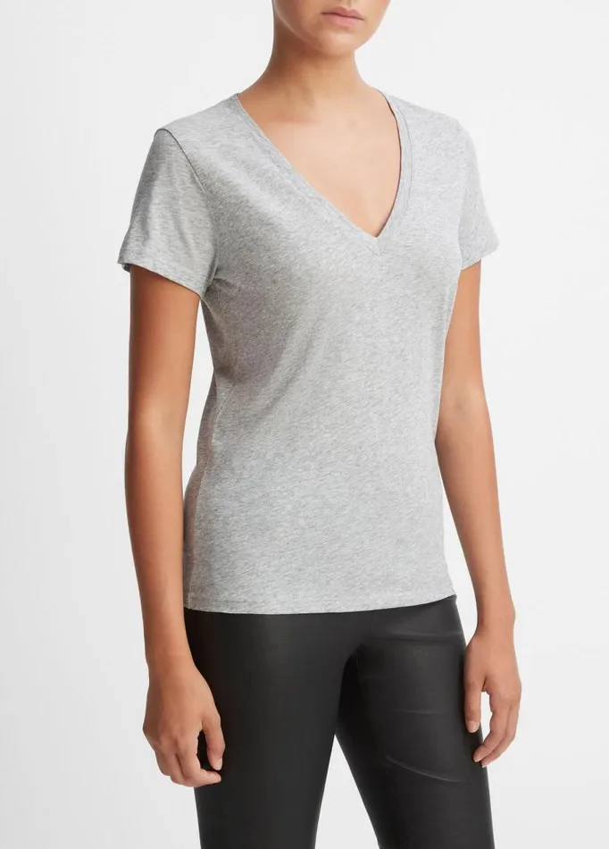 Women TShirts Vince Essential Pima Cotton VNeck TShirt Heather Grey