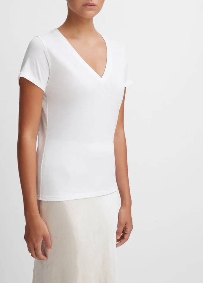 Women TShirts Vince Essential Pima Cotton VNeck TShirt Optic White