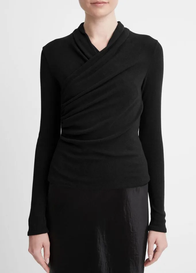 Women TShirts Vince Fixed Wrap LongSleeve Top Black