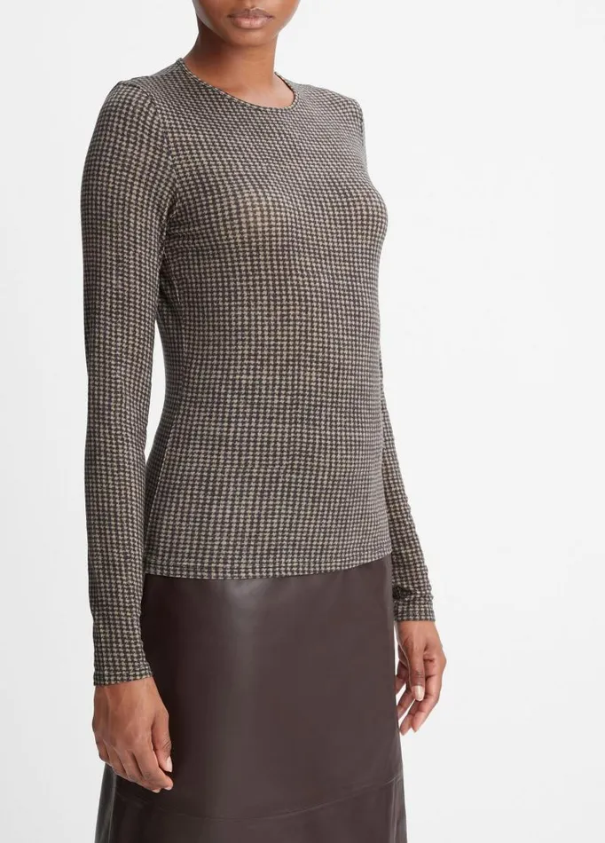 Women TShirts Vince Houndstooth Crew Neck TShirt Blackcamel