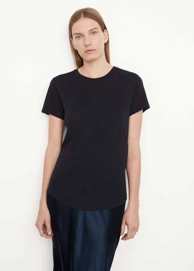 Women TShirts Vince Pima Shirttail Crew Neck TShirt Coastal Blue