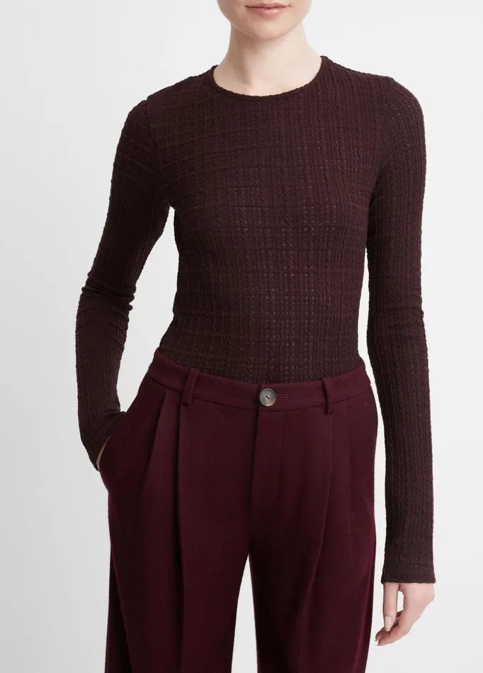 Women TShirts Vince PlaidJacquard LongSleeve Top Black Fig