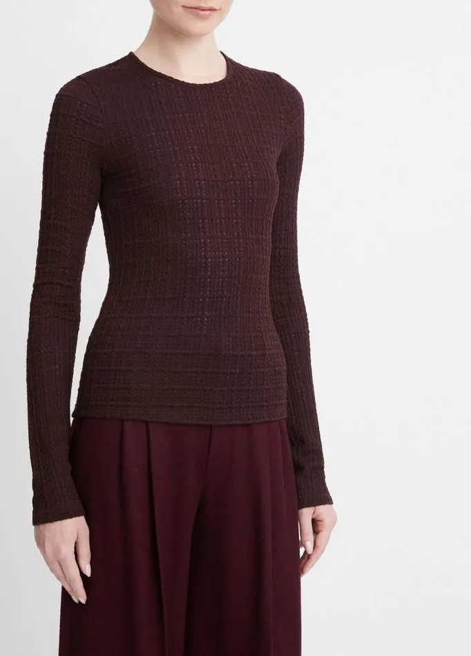 Women TShirts Vince PlaidJacquard LongSleeve Top Black Fig
