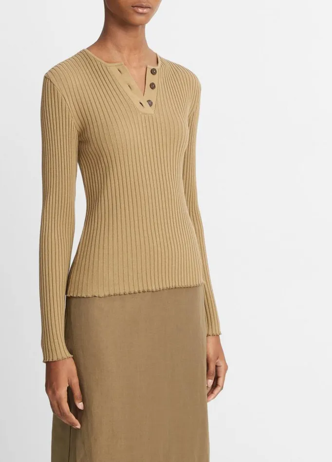Women TShirts Vince Ribbed LongSleeve Henley Artichoke