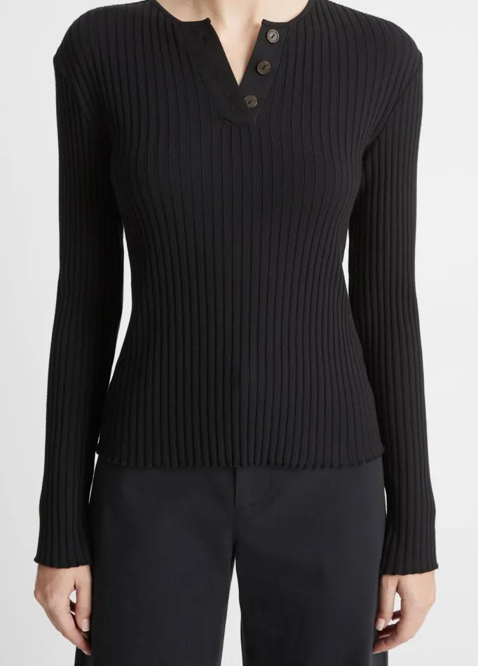 Women TShirts Vince Ribbed LongSleeve Henley Coastal Blue