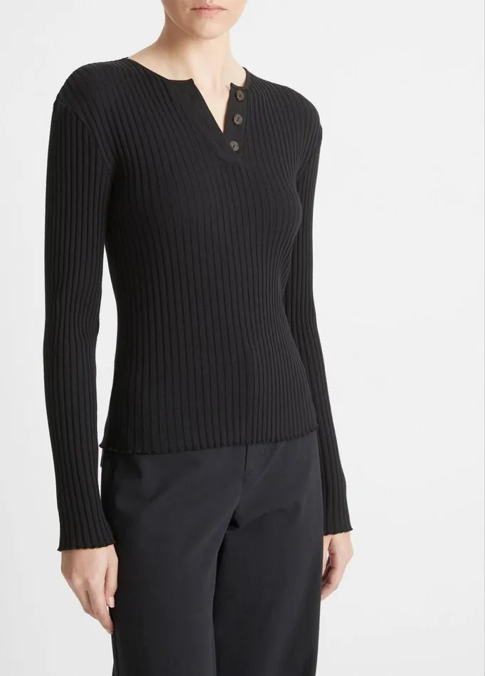 Women TShirts Vince Ribbed LongSleeve Henley Coastal Blue