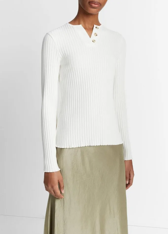 Women TShirts Vince Ribbed LongSleeve Henley Off White