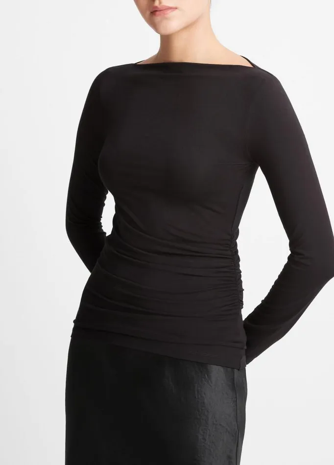 Women TShirts Vince SlashNeck LongSleeve Top Black