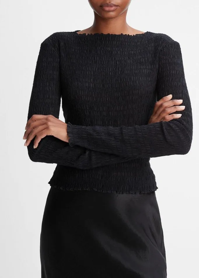 Women TShirts Vince Smocked LongSleeve Top Black