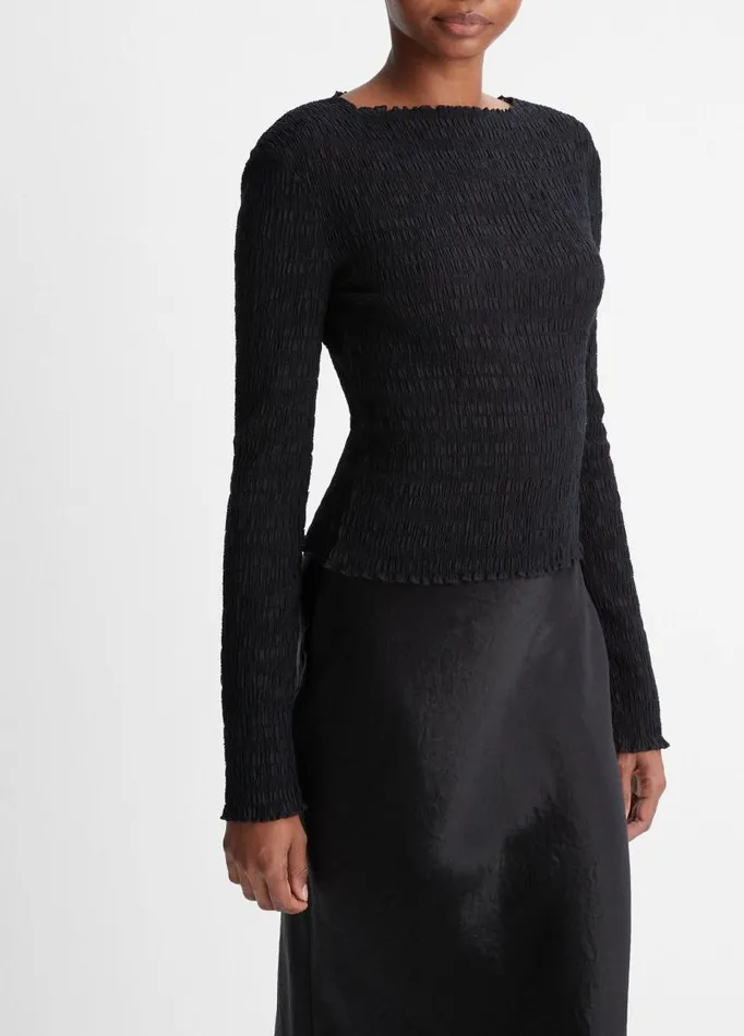 Women TShirts Vince Smocked LongSleeve Top Black