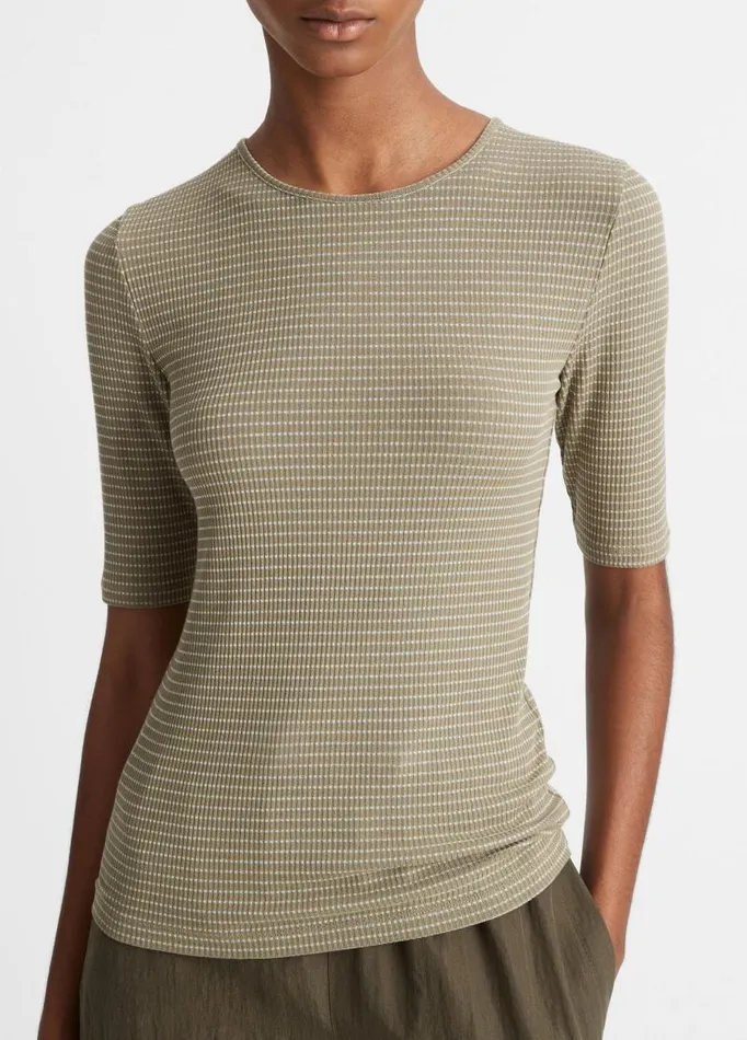 Women TShirts Vince Striped ElbowSleeve Crew Neck TShirt Artichokeoff White