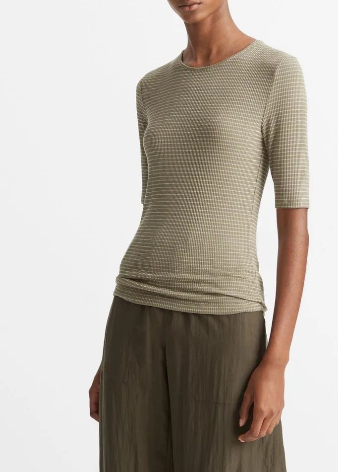 Women TShirts Vince Striped ElbowSleeve Crew Neck TShirt Artichokeoff White