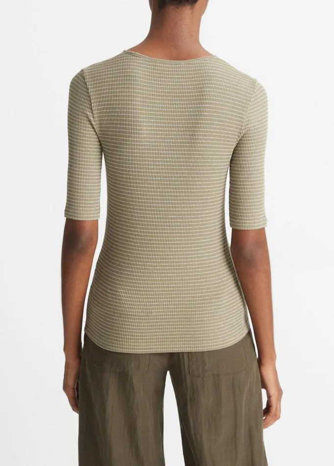 Women TShirts Vince Striped ElbowSleeve Crew Neck TShirt Artichokeoff White