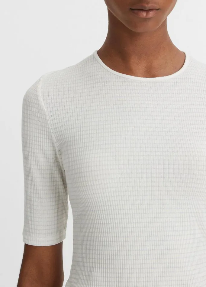 Women TShirts Vince Striped ElbowSleeve Crew Neck TShirt Off Whitesky Graphite