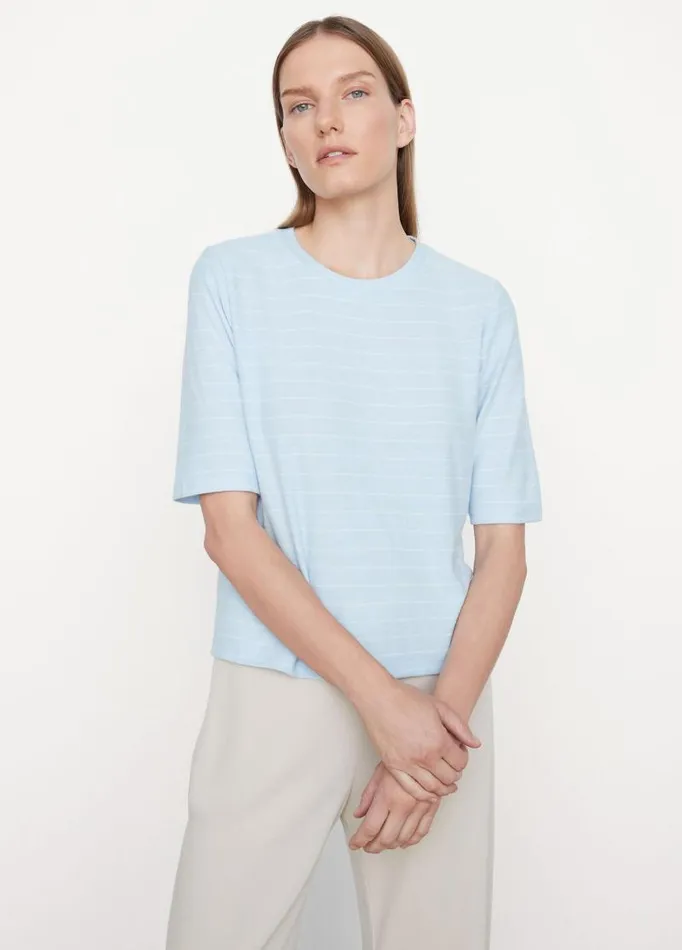 Women TShirts Vince Striped Relaxed Elbow Sleeve TShirt Skyoff White