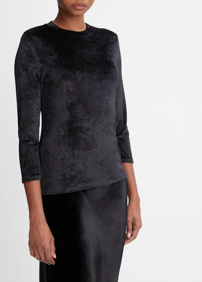 Women TShirts Vince Velour ThreeQuarterSleeve Crew Neck Top Black