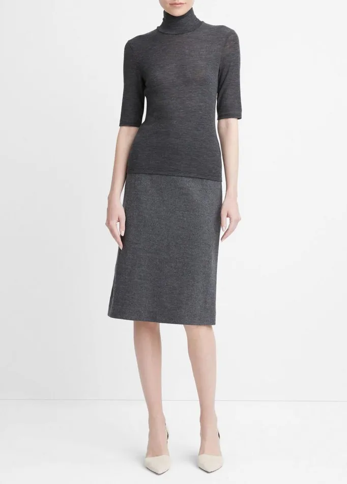Women TShirts Vince Wool ElbowSleeve Turtleneck Top Heather Charcoal