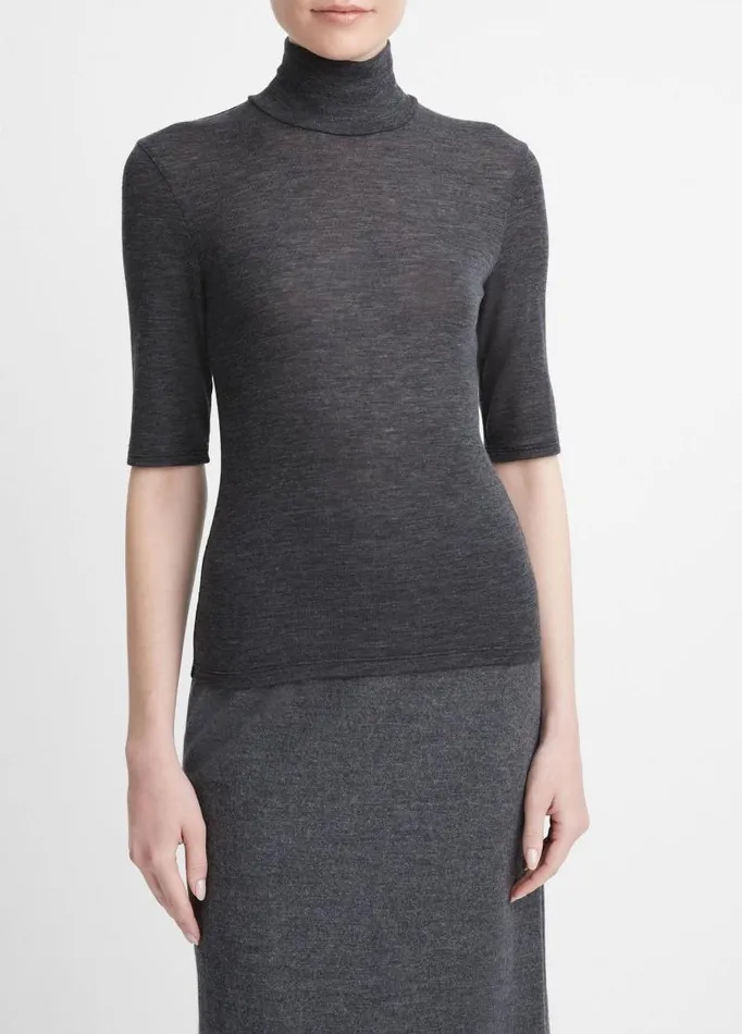 Women TShirts Vince Wool ElbowSleeve Turtleneck Top Heather Charcoal
