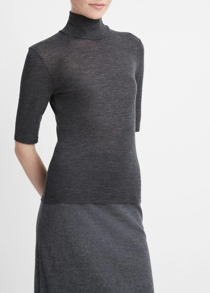 Women TShirts Vince Wool ElbowSleeve Turtleneck Top Heather Charcoal
