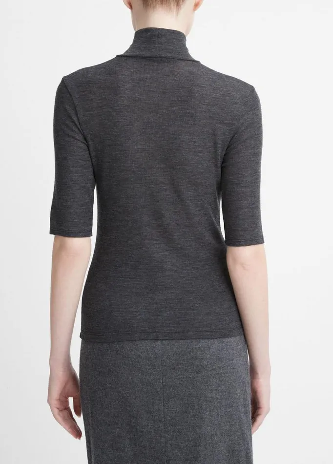Women TShirts Vince Wool ElbowSleeve Turtleneck Top Heather Charcoal