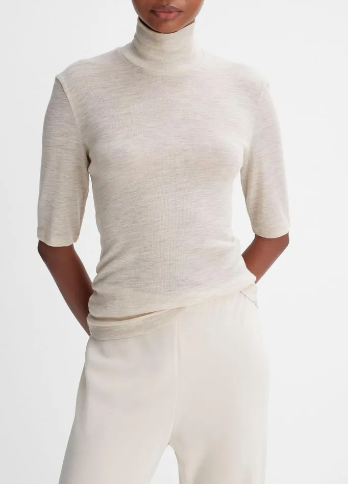Women TShirts Vince Wool ElbowSleeve Turtleneck Top Heather Sesame