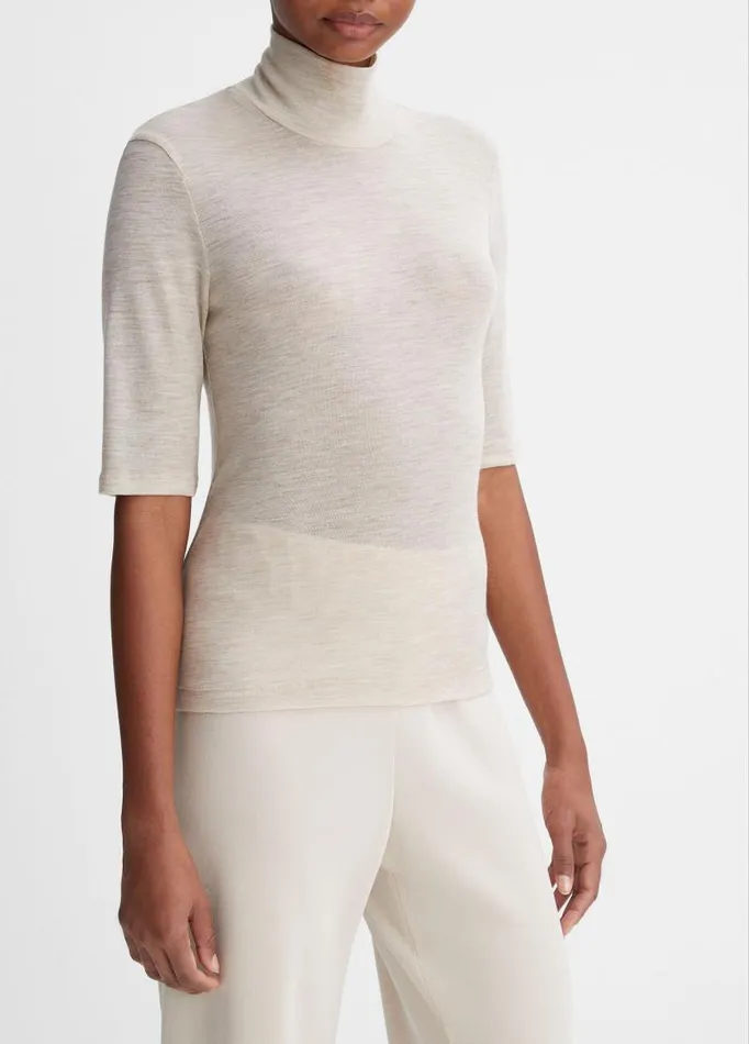 Women TShirts Vince Wool ElbowSleeve Turtleneck Top Heather Sesame
