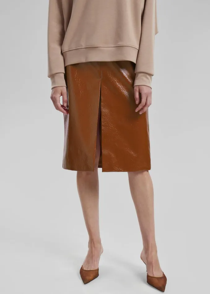 Women The Frankie Shop Bottoms Britt Crackled Faux Leather Midi Skirt Camel