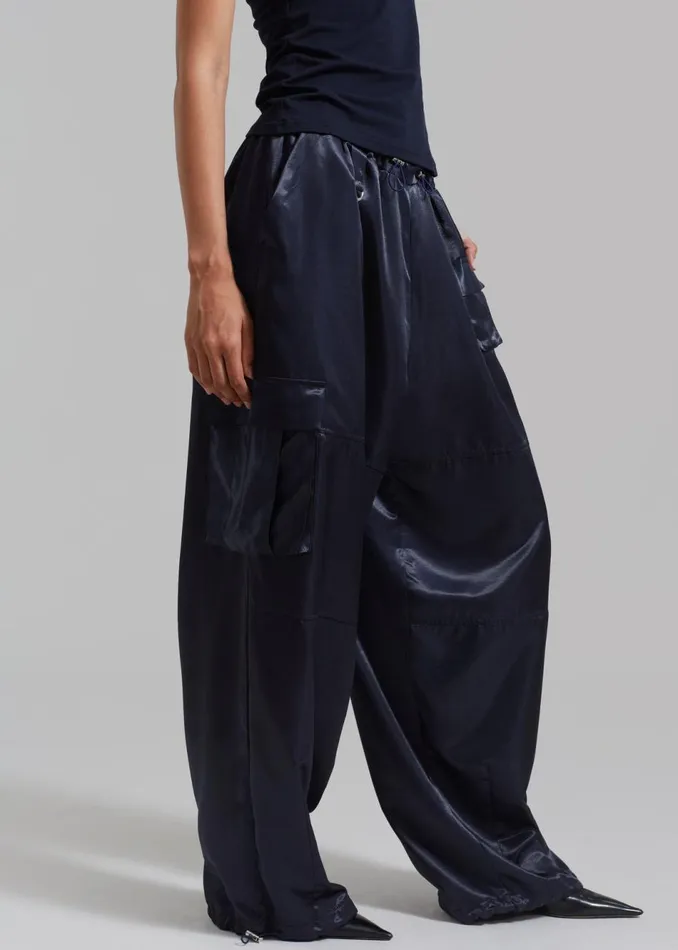 Women The Frankie Shop Bottoms Delaney Satin Cargo Pants Navy