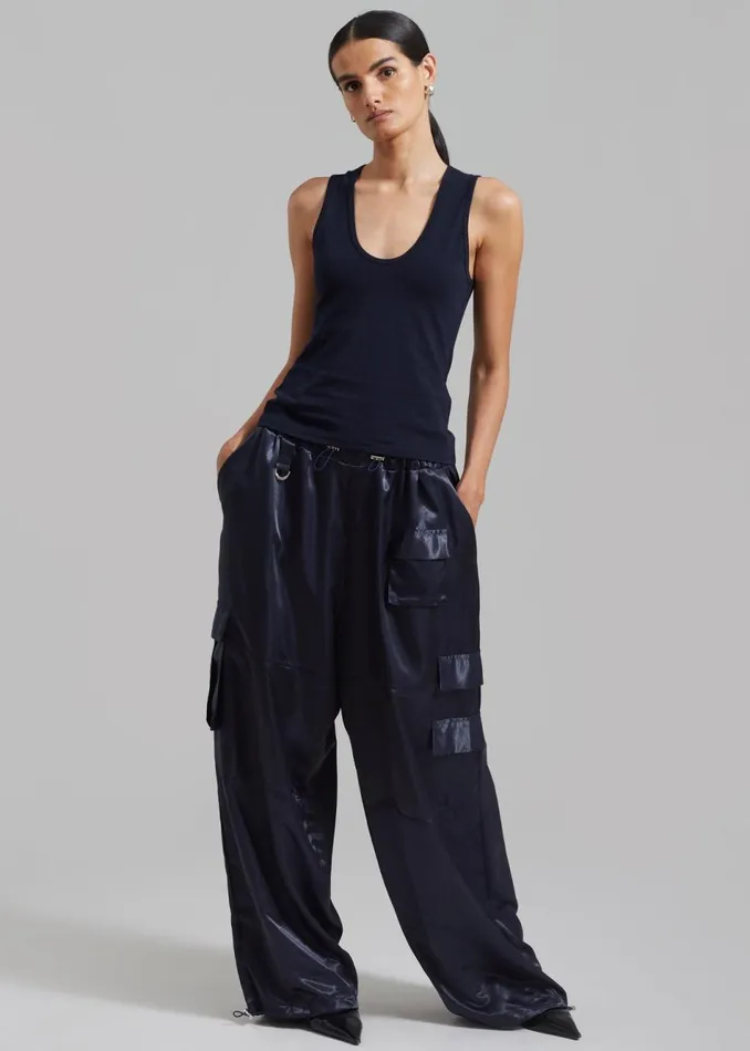 Women The Frankie Shop Bottoms Delaney Satin Cargo Pants Navy