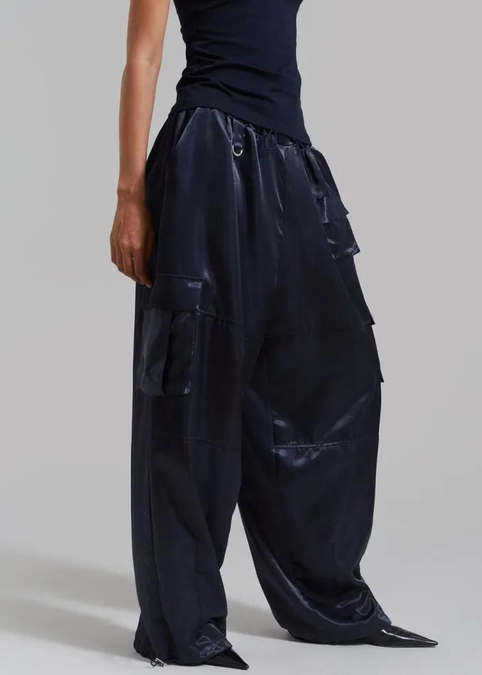 Women The Frankie Shop Bottoms Delaney Satin Cargo Pants Navy