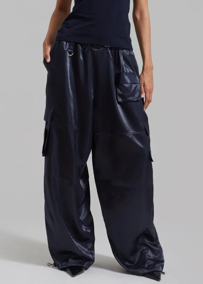 Women The Frankie Shop Bottoms Delaney Satin Cargo Pants Navy