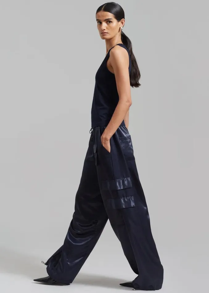 Women The Frankie Shop Bottoms Delaney Satin Cargo Pants Navy